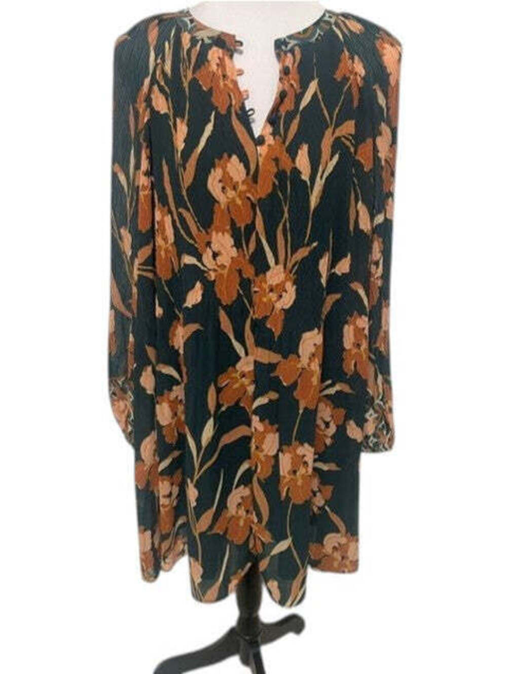 Size Small DR2 Black Floral Shift Dress Long Sleeve Textured Rust Boho